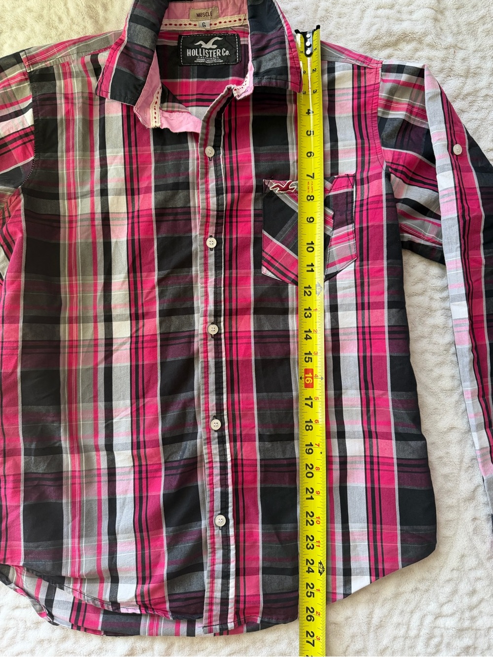 Vintage Kids Hollister Pink and Black Plaid Long-Sleeve Button-Down Shirt Size L - Picture 5 of 7
